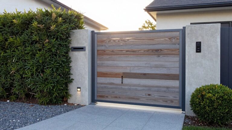 10 Sliding Wooden Gate Designs for Space-Saving Modern Properties A sliding wooden gate with horizontal slats between concrete posts, next to a dark door and green hedge.