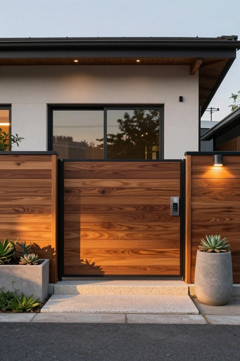A front entrance with a horizontal wooden sliding gate set between wood fences, concrete steps, and potted plants.