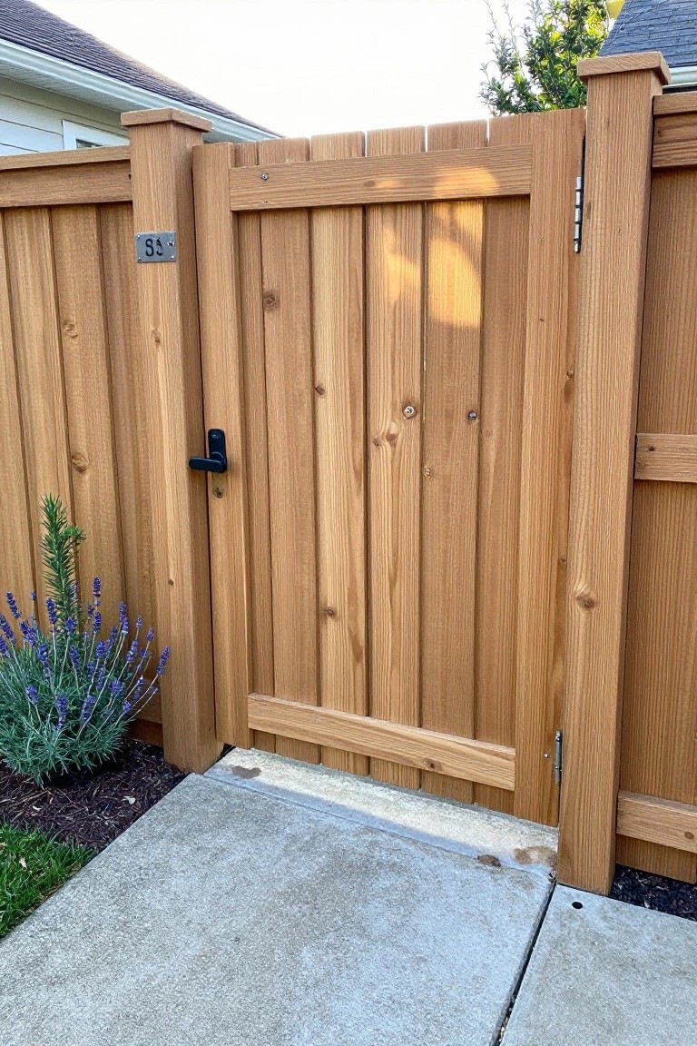 Wooden fence gate marked 53 with black handle beside lavender and concrete path.