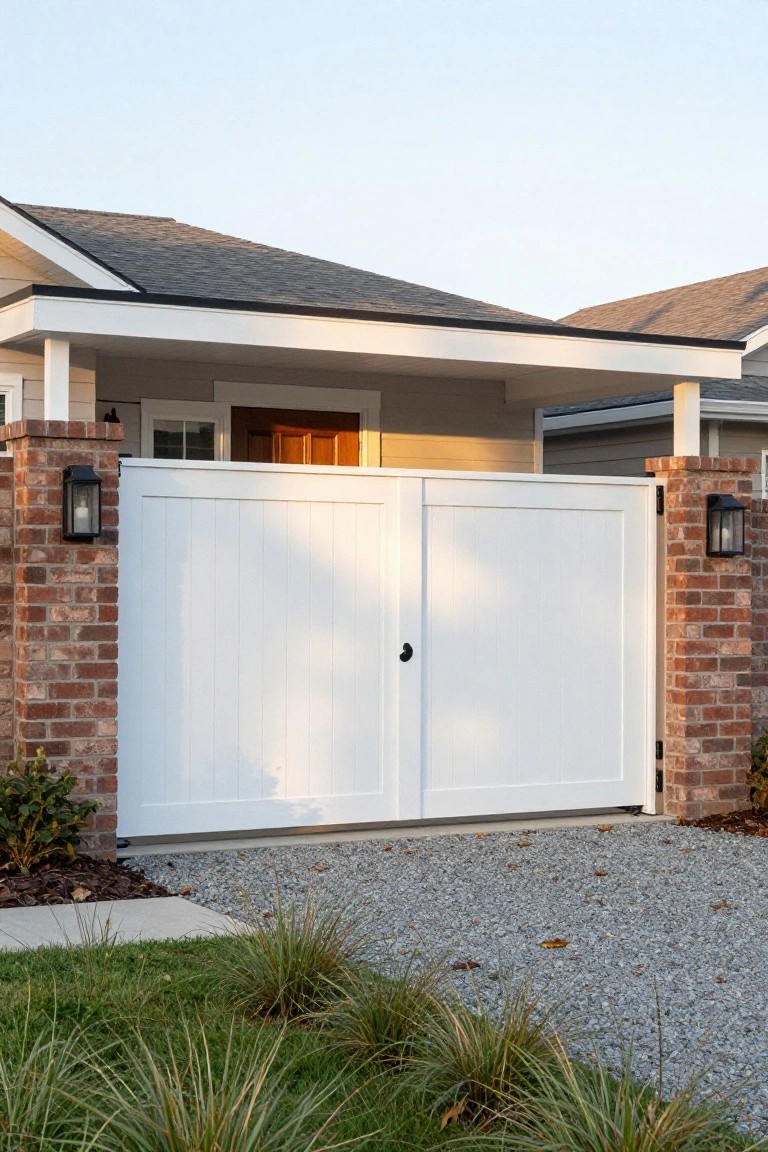White double gate between brick pillars with lanterns on gravel driveway before house