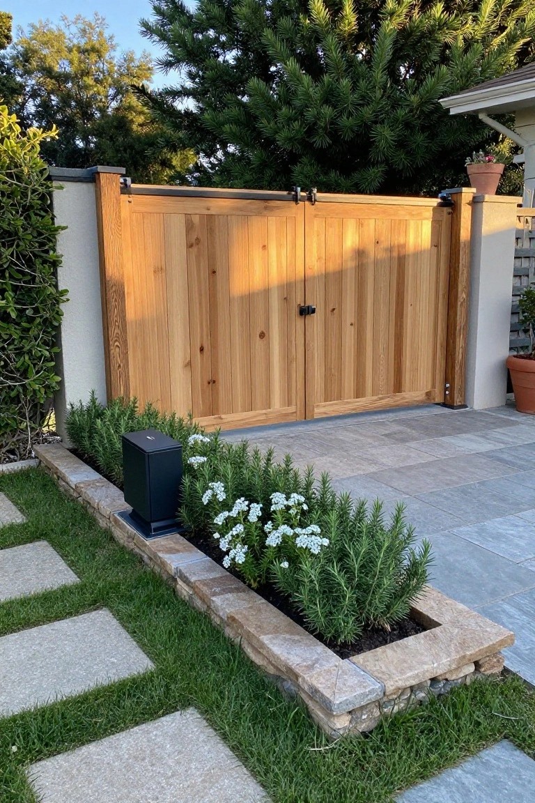 A wooden sliding gate with vertical planks sits above a narrow stone-edged planter bed filled with rosemary and white flowers, next to a paved patio.