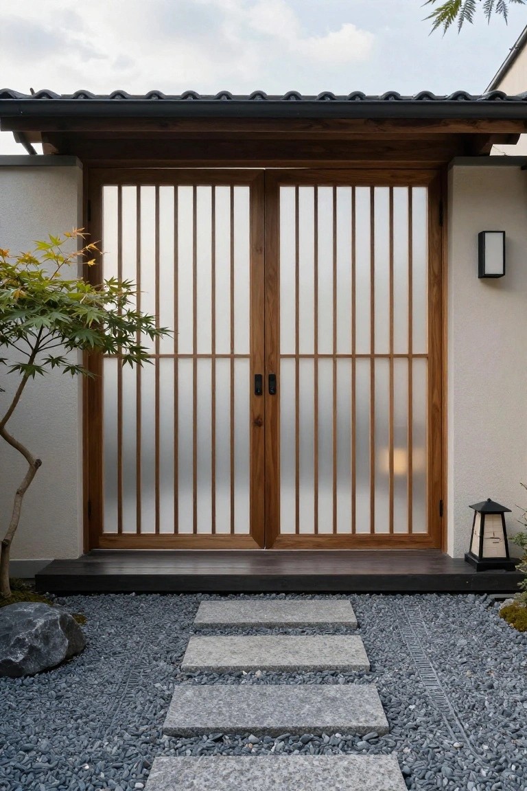 Double sliding wooden doors with vertical slats and frosted panels above a stone step and gravel path.
