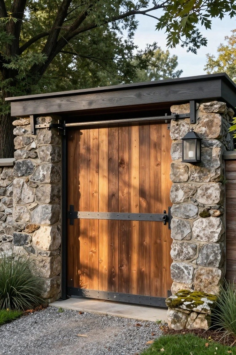 A vertical wood sliding gate with black metal track and hardware, framed by stacked stone pillars on a gravel surface.