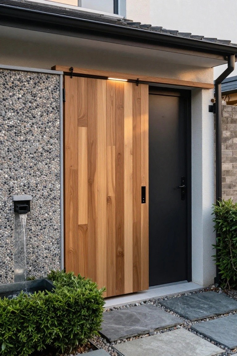 A modern house entrance with a sliding wooden gate of vertical planks next to a black door, a pebble wall with water feature, and stone paving in front.
