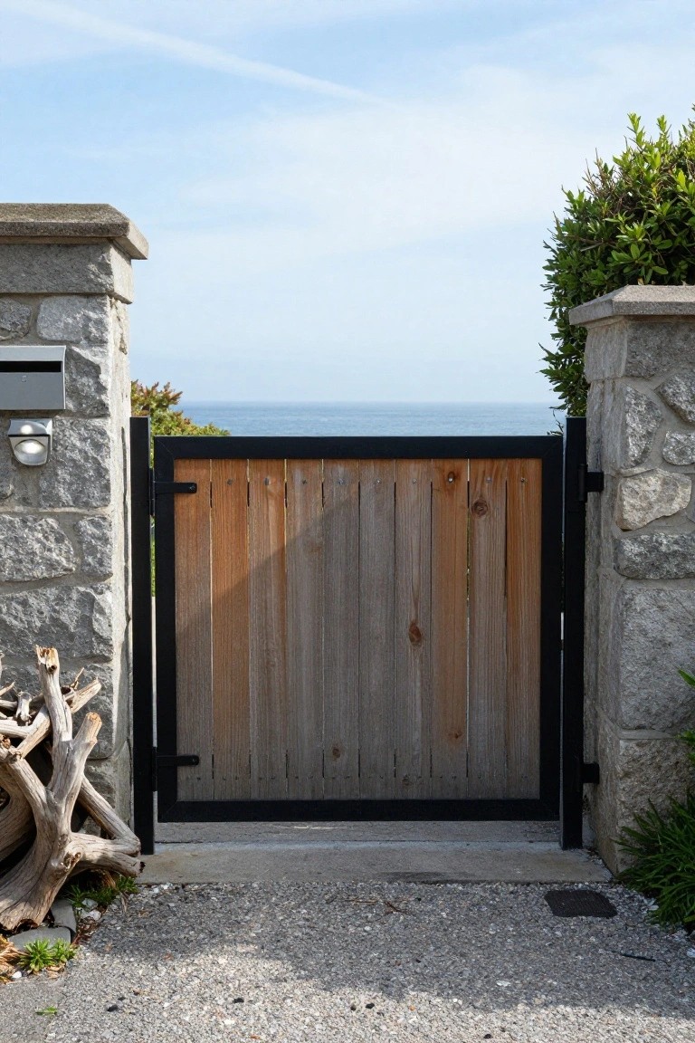 A wooden sliding gate with a black metal frame installed between two stone pillars.