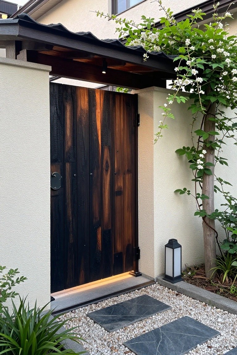 A dark vertical plank wooden gate at a house entrance with a gravel path, stepping stones, and white flowering vines on the right.