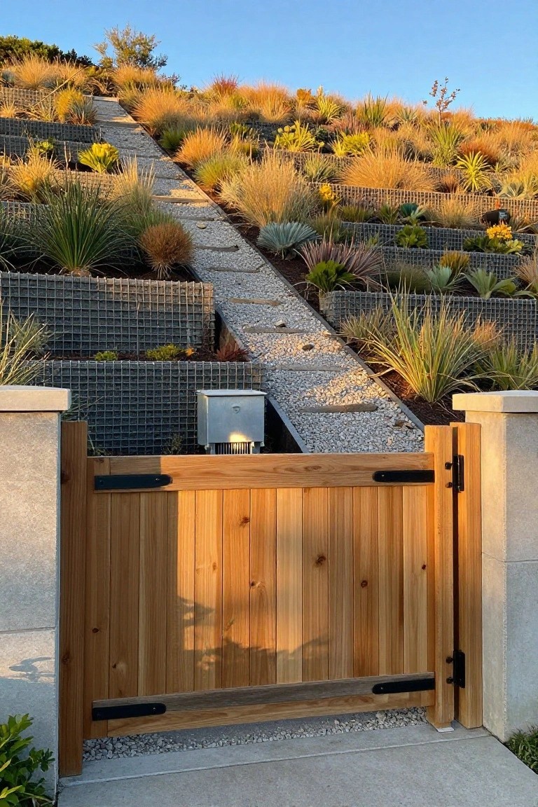 A partially open wooden gate with black hardware stands between stone pillars, leading to a terraced hillside garden with gabion walls and a gravel path.