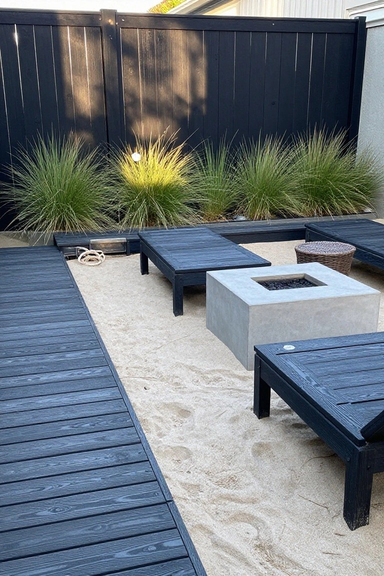 Backyard patio with black wooden fence behind a light sand area, dark decking on the left, concrete fire pit, and black lounge chairs.