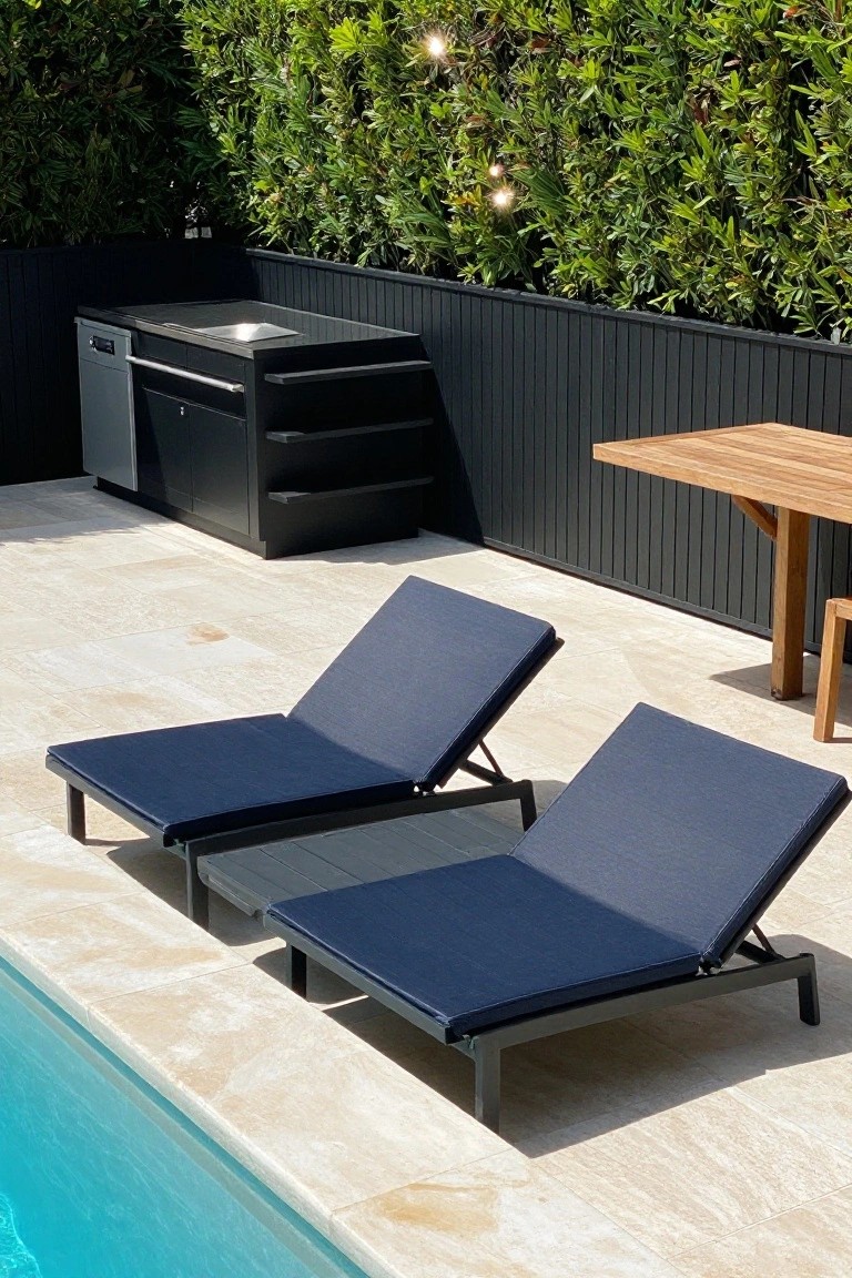 Two navy lounge chairs on a light stone patio next to a pool, with a black outdoor kitchen and tall black fence in the background.