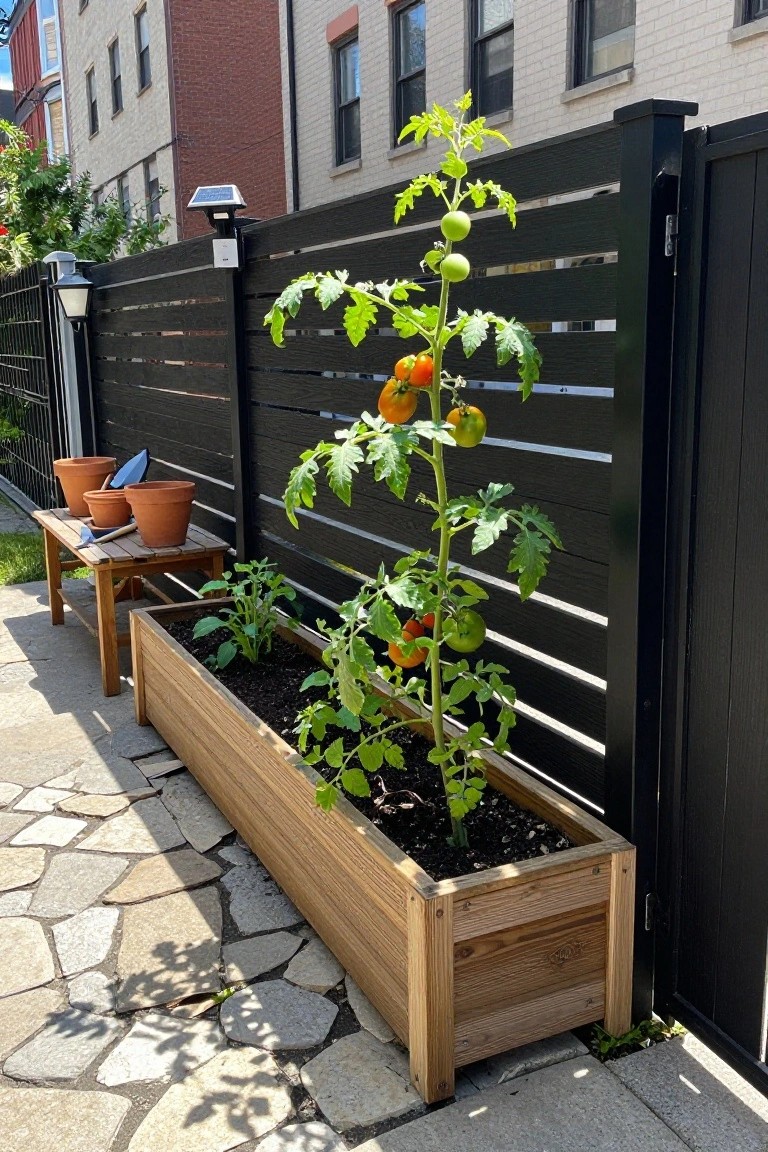 A long wooden raised garden bed filled with tomato plants sits in front of a black horizontal wood fence on a stone patio.