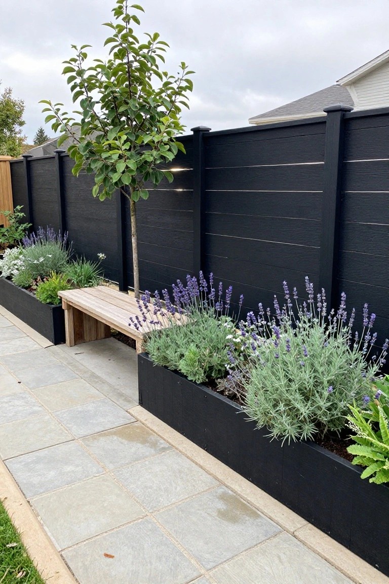 A backyard with a black horizontal wood fence, raised black planters holding lavender and green shrubs, a light wood bench, and gray stone paving.