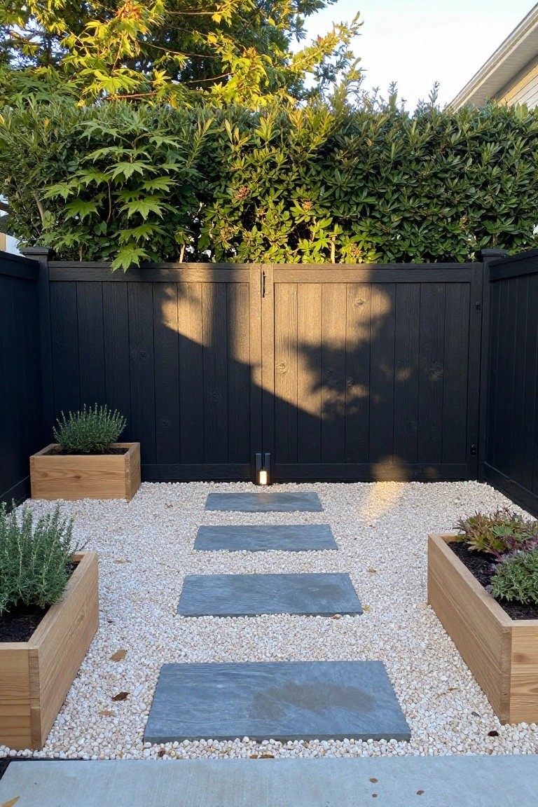 A garden area with a black wooden fence at the back, white gravel covering the ground, gray stone stepping stones forming a path, and wooden planter boxes on both sides.