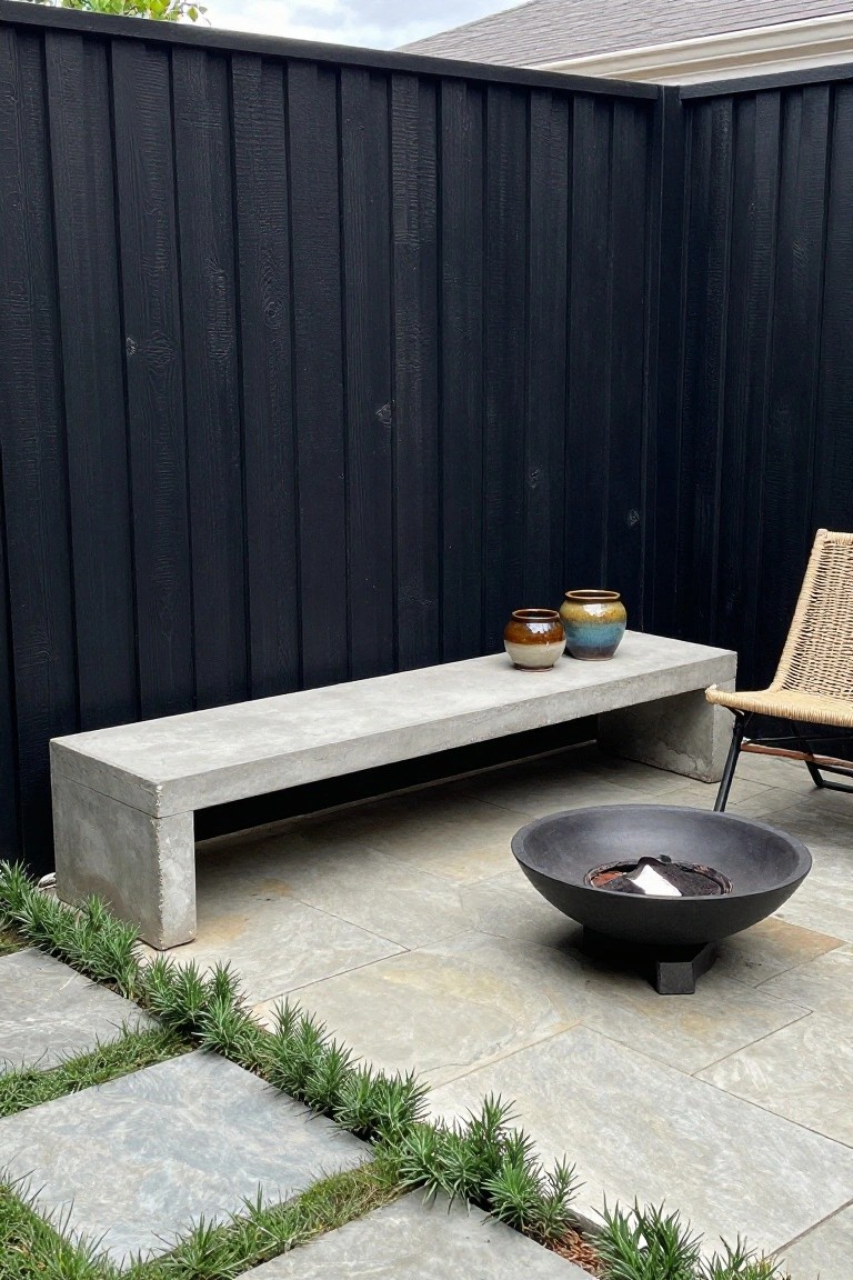 A long concrete bench with two ceramic vases sits in front of a tall black wood fence on a stone patio next to a fire pit.