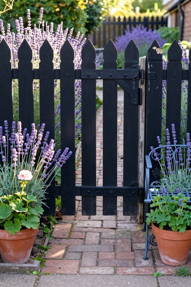 A black wooden picket fence with a gate stands along a brick garden path, bordered by lavender plants in terracotta pots and garden beds.