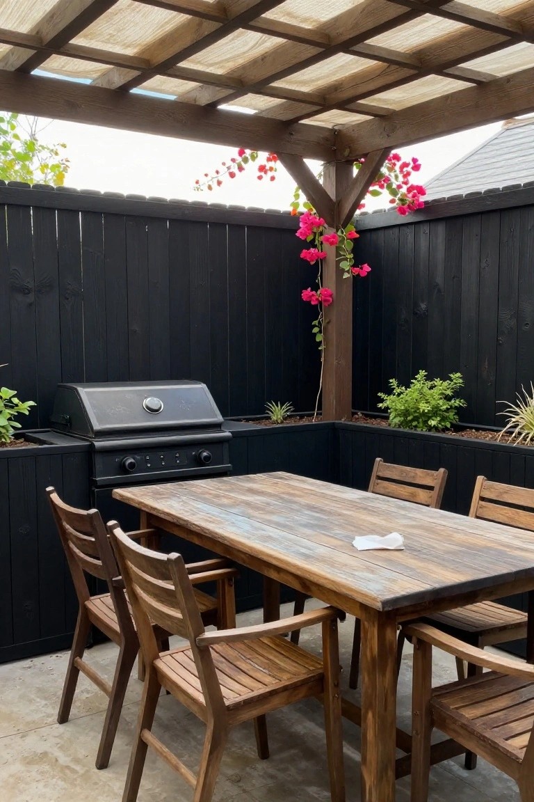 A wooden outdoor dining table with chairs sits under a pergola next to a black wood fence, with a built-in grill visible on the left.