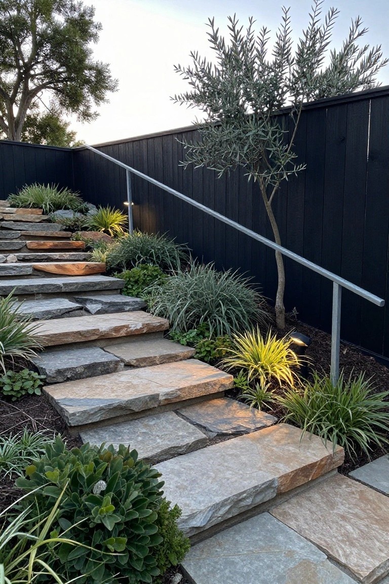 Stone staircase with metal rail beside black fence and lush garden plants