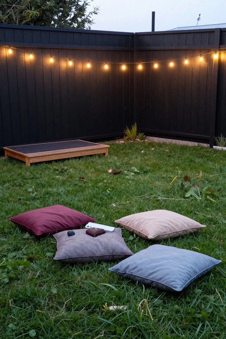 A backyard scene showing a black wooden fence with string lights above a low wooden platform and several pillows scattered on the grass.