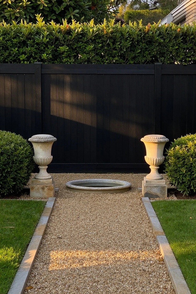 A straight gravel path bordered by low stone edging leads to a round stone basin placed between two stone urns on pedestals in front of a black wood fence.