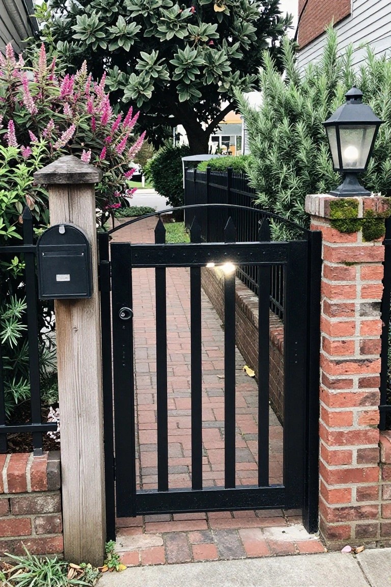 A black metal gate stands open between a wooden post with mailbox on the left and a mossy brick pillar on the right, leading to a brick pathway lined with green shrubs and pink flowers.