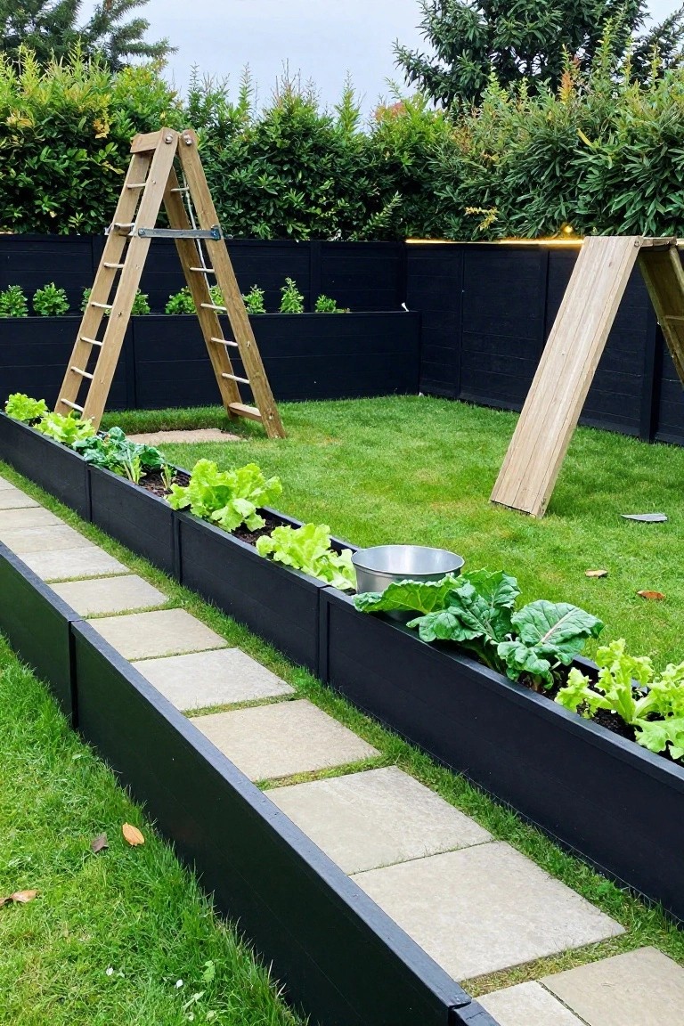 A row of black raised garden beds with leafy vegetables along a stone path in front of a black fence.