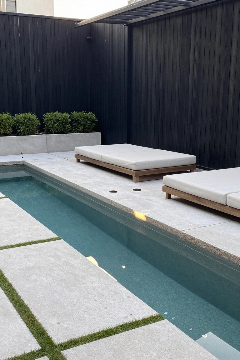 A narrow lap pool bordered by light gray concrete pavers, two wooden lounge chairs with white cushions, and a tall black wood fence enclosing the space with green shrubs along one side.