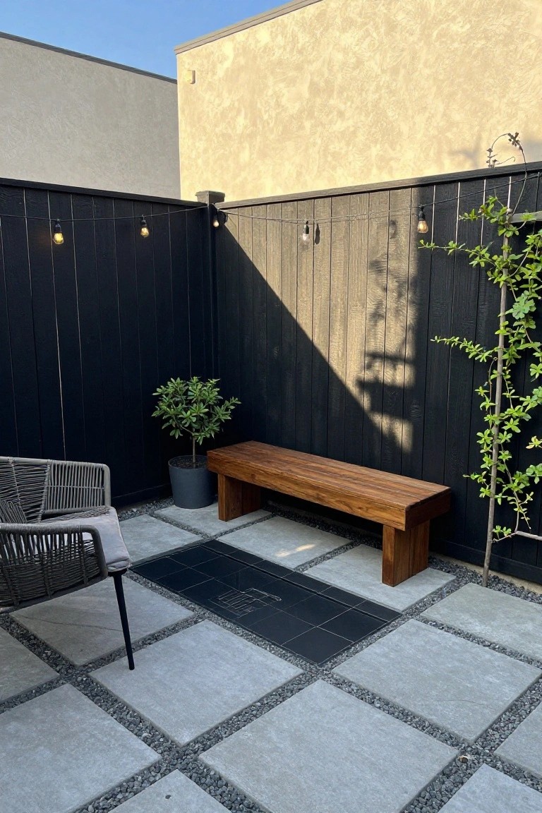 A small patio enclosed by a black wood fence, with a wooden bench, gray pavers, a woven chair, and string lights overhead.