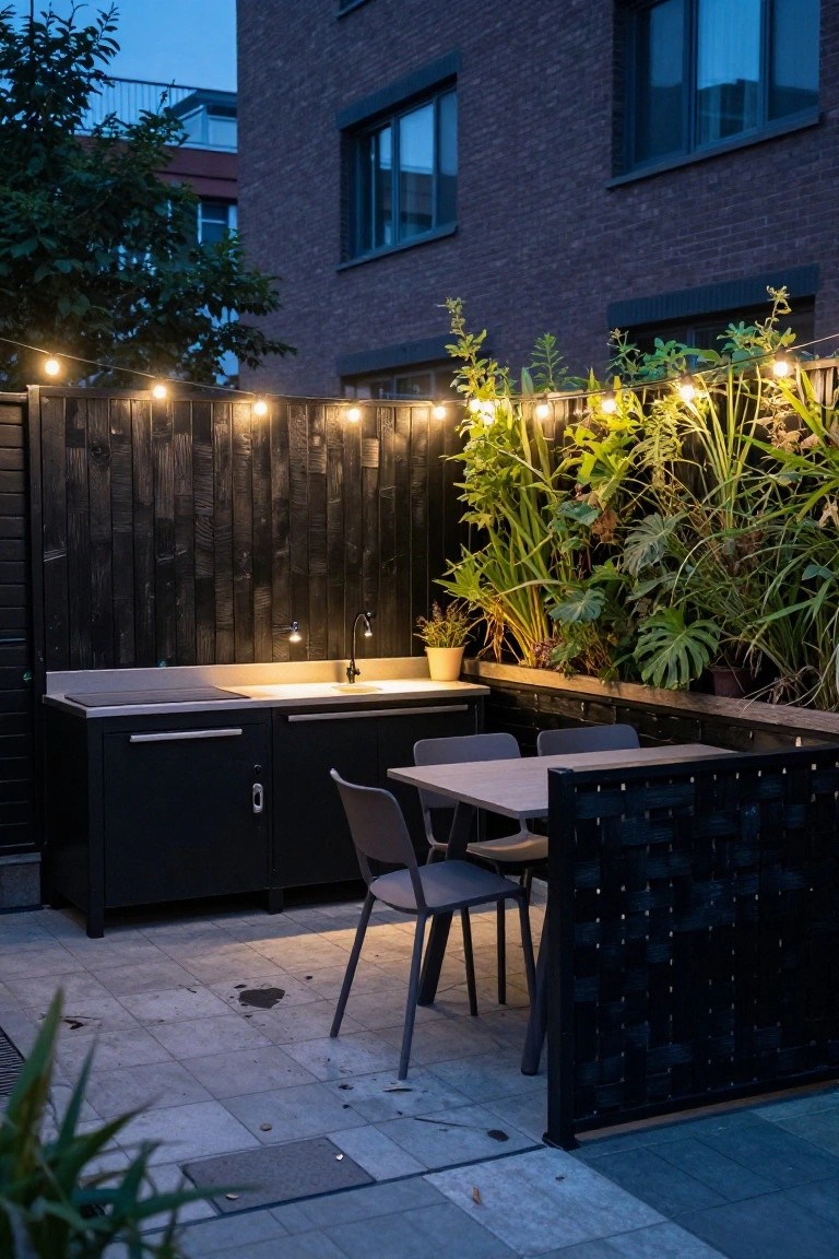 An outdoor patio with a tall black wood fence, an outdoor kitchen counter, a small dining table with gray chairs, string lights, and dense green plants along the fence line at dusk.