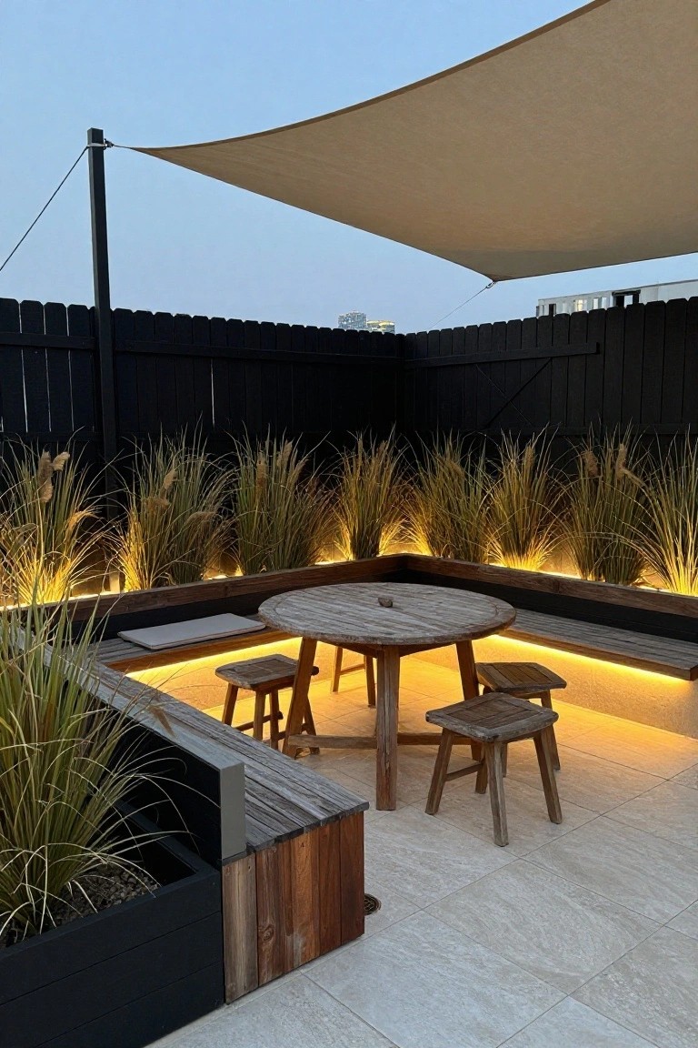 A rooftop patio enclosed by a black wood fence, featuring a round wooden table with stools, built-in benches, and tall grasses lit from below under a shade sail.