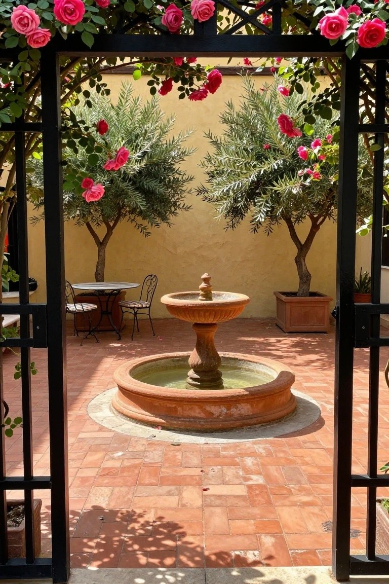 A black wooden gate frames a terracotta tiled courtyard with a central fountain, olive trees, and pink roses.