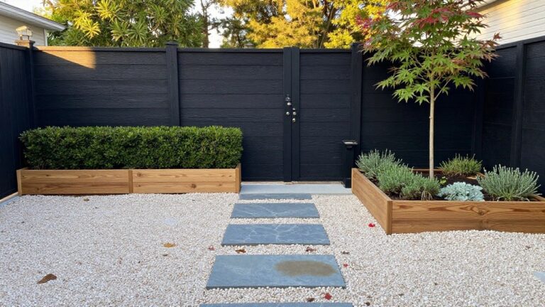 A garden area with a black wooden fence at the back, white gravel covering the ground, gray stone stepping stones forming a path, and wooden planter boxes on both sides.