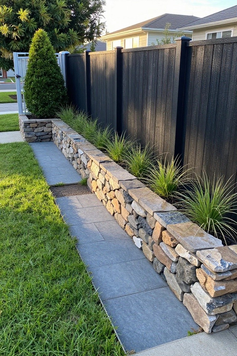 A black wooden fence runs along a low stone retaining wall with ornamental grasses planted in front and a paved path beside a grassy lawn.