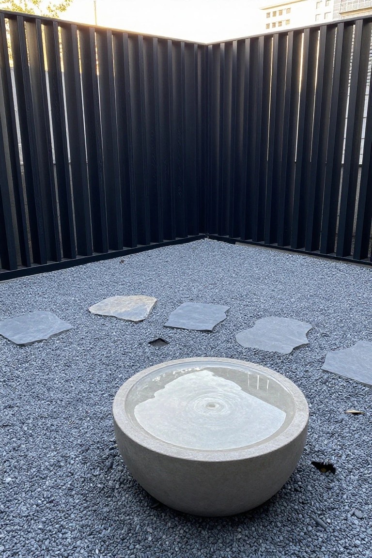 A courtyard enclosed by a tall black vertical wood fence, with gravel ground, irregular stone pavers, and a round concrete water basin.