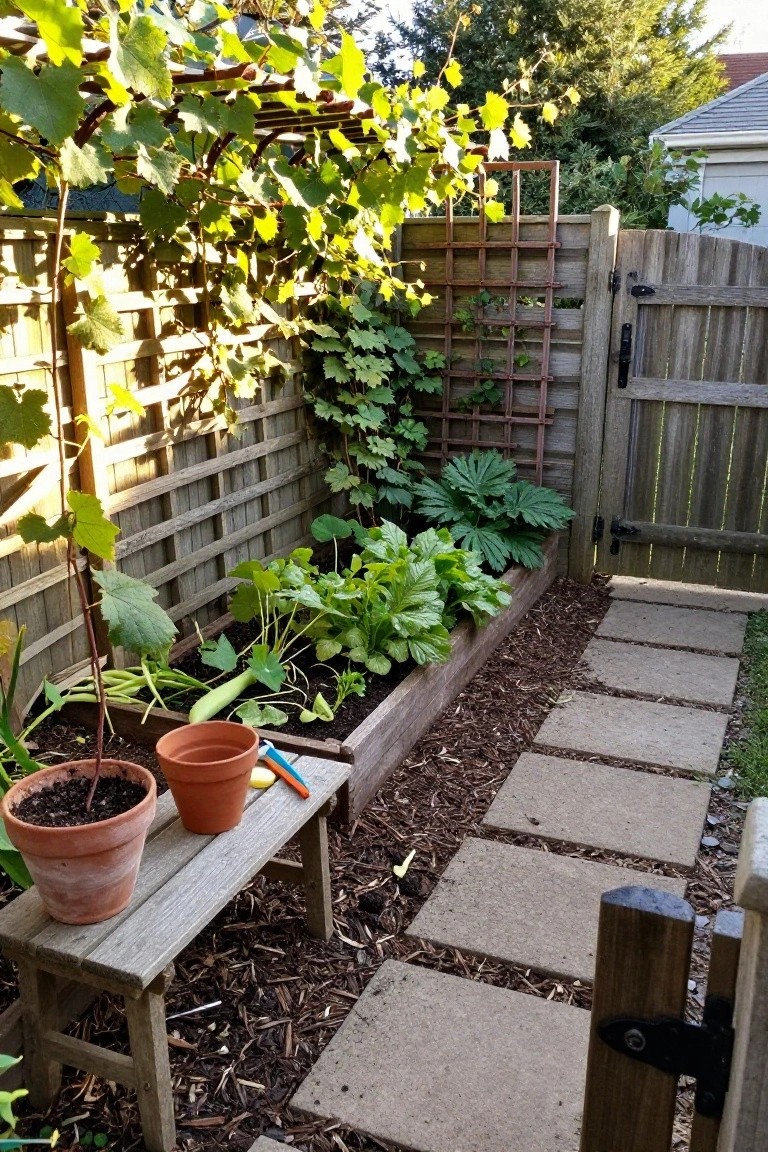 A wooden privacy fence with lattice panels and climbing vines runs beside a raised garden bed and a stone path.