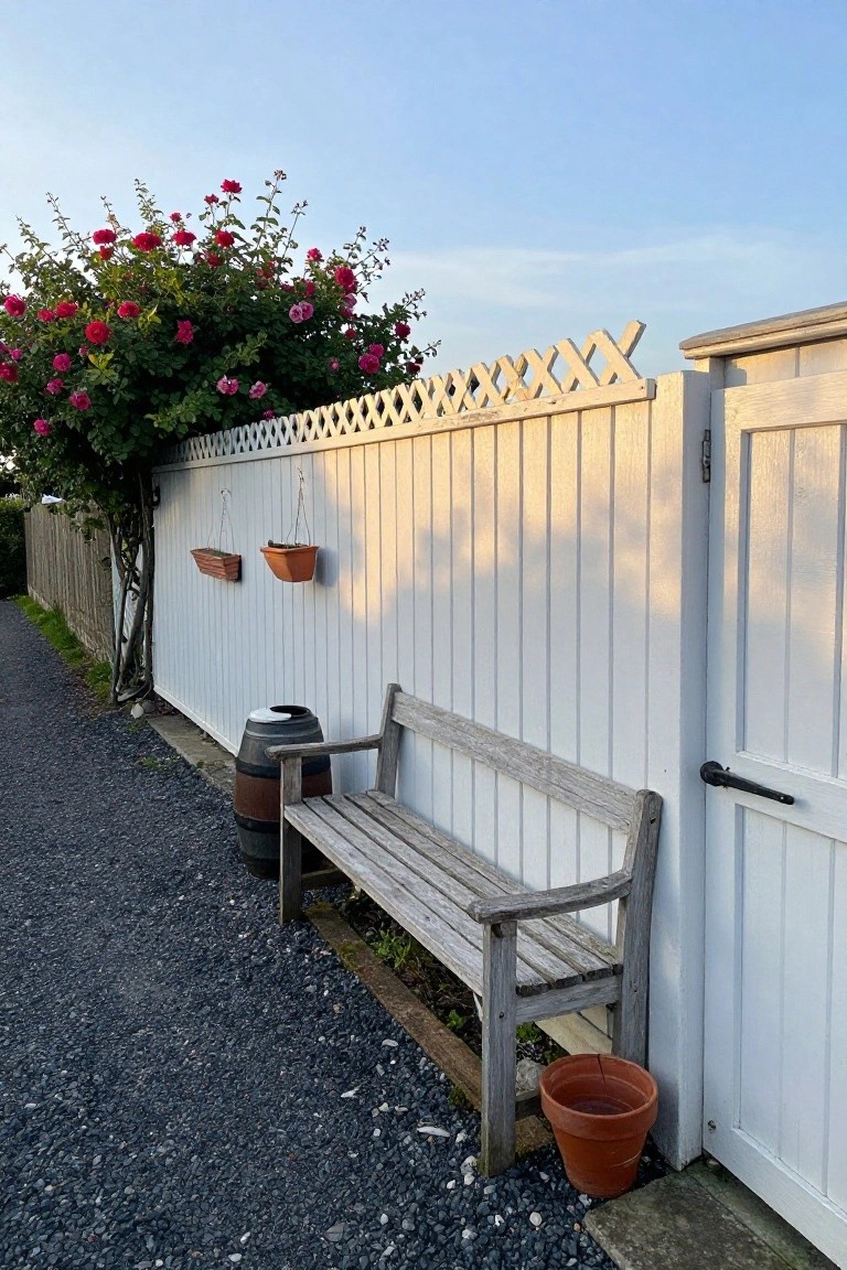 Wooden bench and barrel against white fence with pink roses and hanging planters