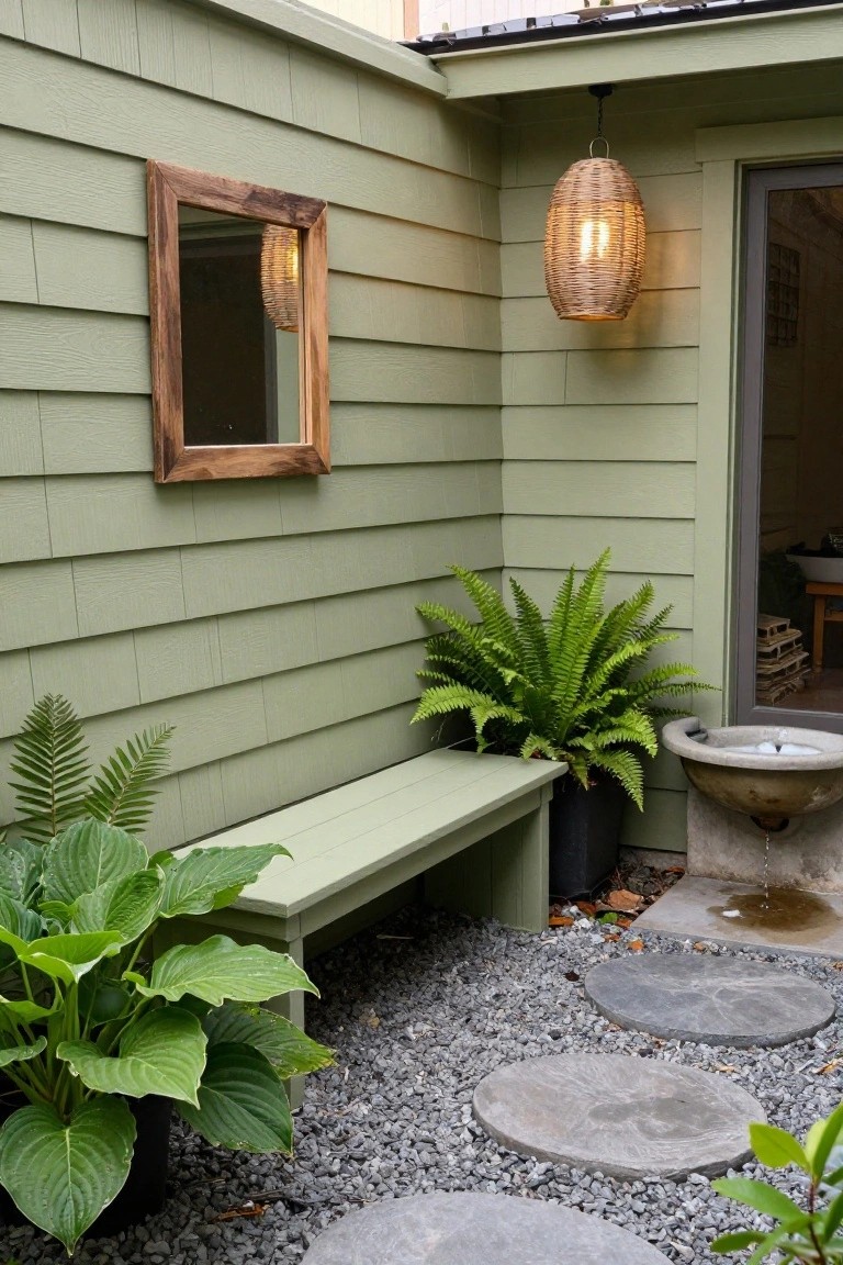 An outdoor corner features a sage green wood fence wall with a matching built-in bench, potted ferns and hostas, gravel with large stepping stones, a stone sink, and a woven hanging lantern.