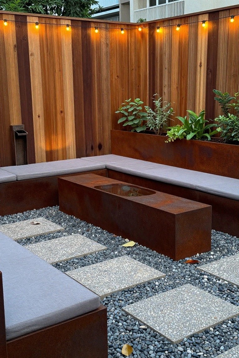 A backyard patio enclosed by a tall vertical wood fence with built-in gray cushioned seating, a central metal water feature, and gravel ground with stone pavers.