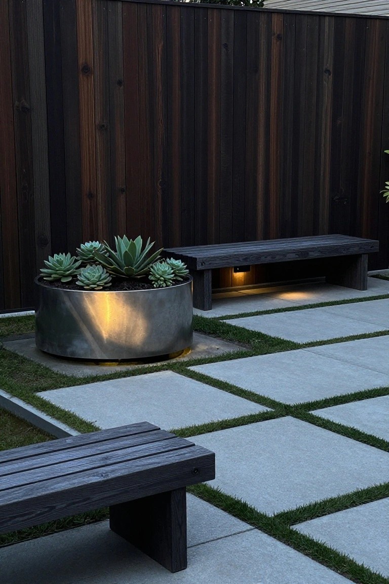 Tall dark wood fence behind a round metal planter holding succulents, with wooden benches and a concrete paver walkway edged in grass.