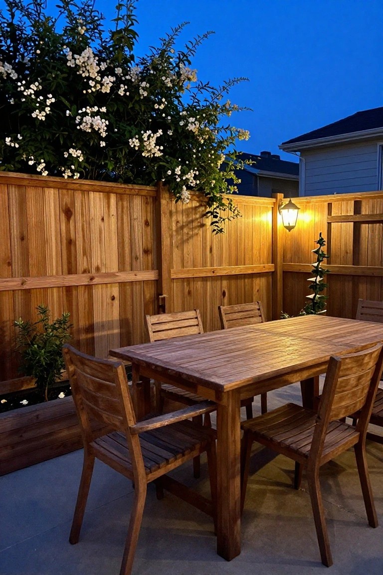 A wooden dining table and chairs sit on a concrete patio enclosed by a tall wooden fence with white flowering plants and a lit outdoor lantern.