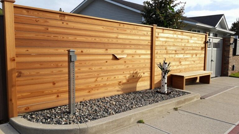 24 Stunning Wood Fence Ideas for Better Privacy and Curb Appeal A tall wood fence with horizontal planks runs beside a house, with a metal post, gravel bed, and small tree visible in the foreground.