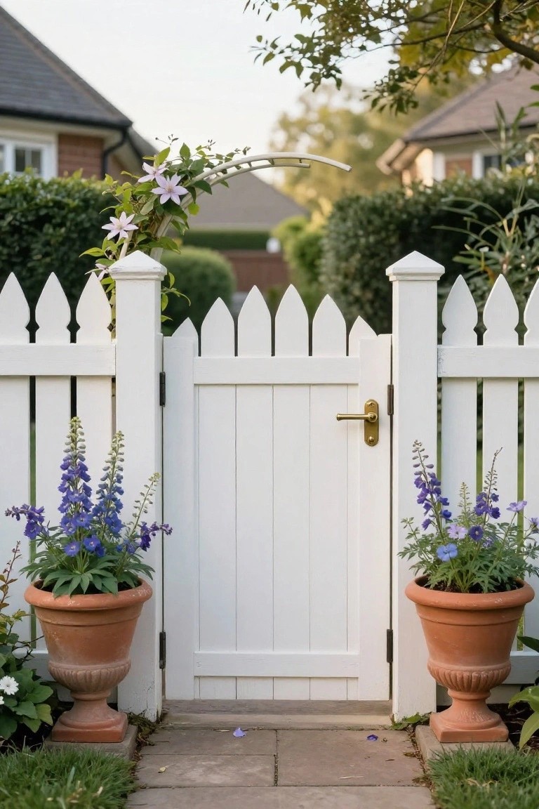 White picket gate with purple flowers in terracotta pots and climbing vines