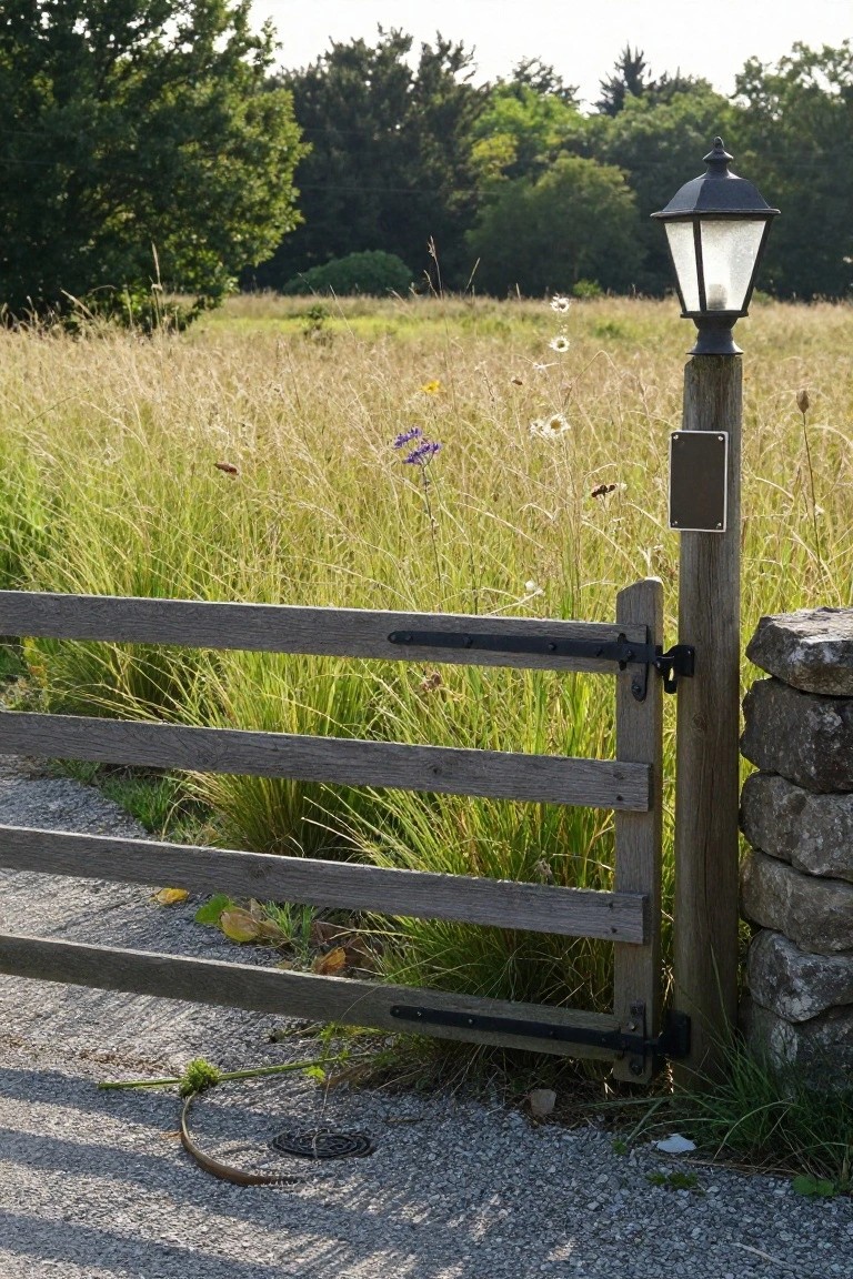 A wooden gate with horizontal rails stands partially open beside a post with a black lantern in a grassy field.