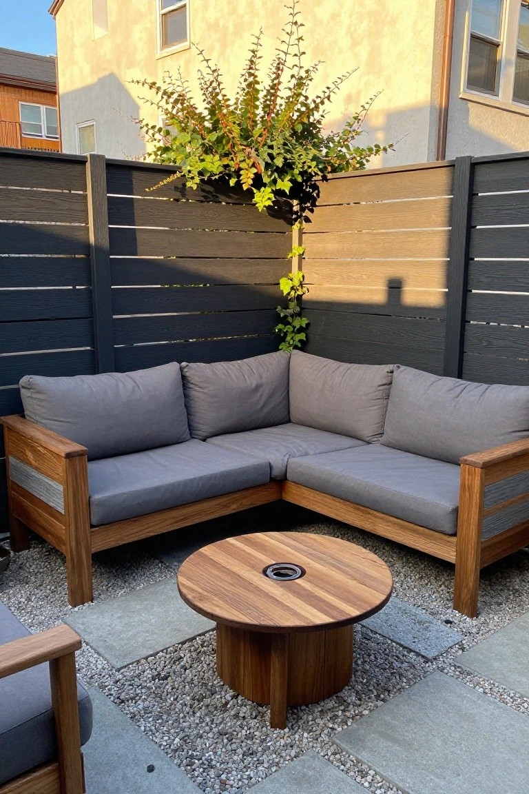 Wooden L-shaped sofa with gray cushions around round fire pit table on gravel patio