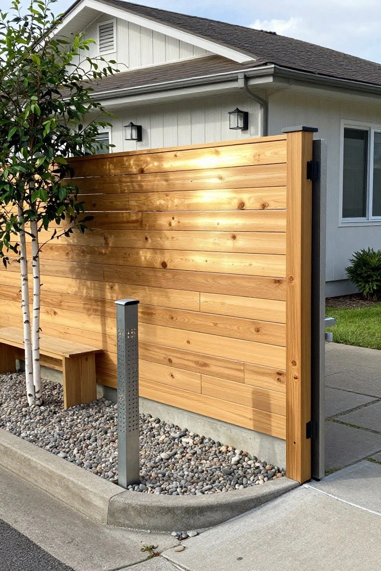 A tall wood fence with horizontal planks runs beside a house, with a metal post, gravel bed, and small tree visible in the foreground.