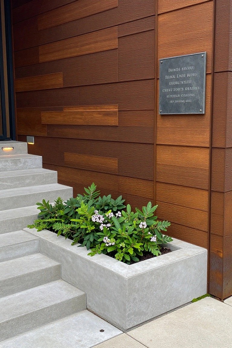 Concrete stairs beside a house wall covered in horizontal wood panels, with a concrete planter holding green shrubs and small flowers at the base.