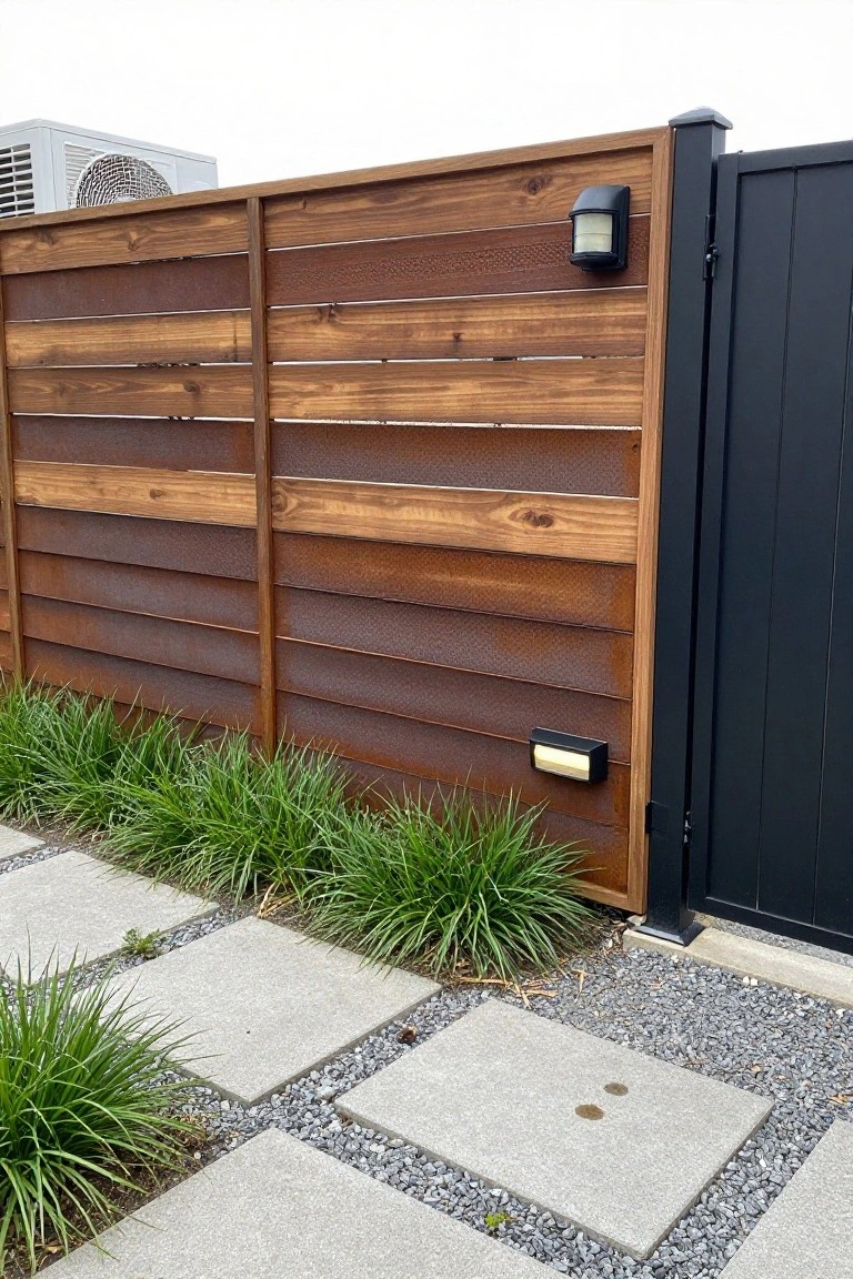 Modern fence with horizontal wood and rusted metal slats beside black gate and lights.