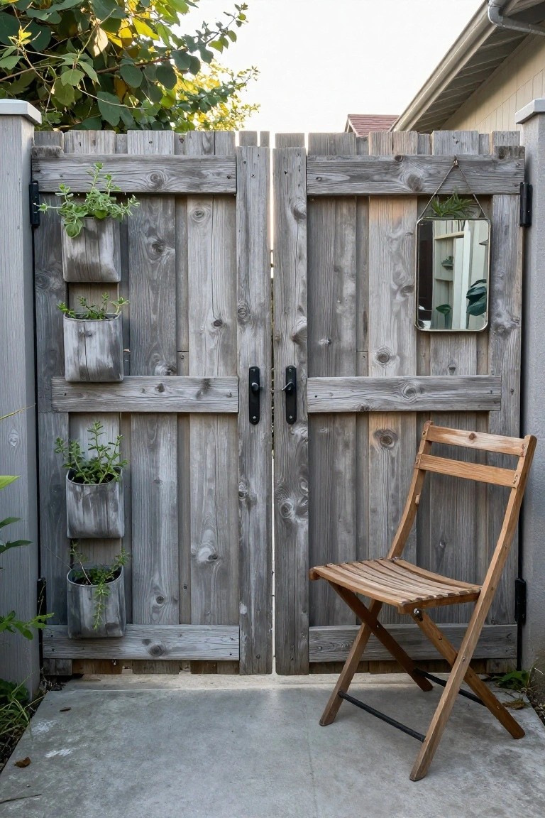 A gray wooden double gate with vertical planters mounted on the left side, a small mirror hanging on the right, and a wooden folding chair on the concrete in front.