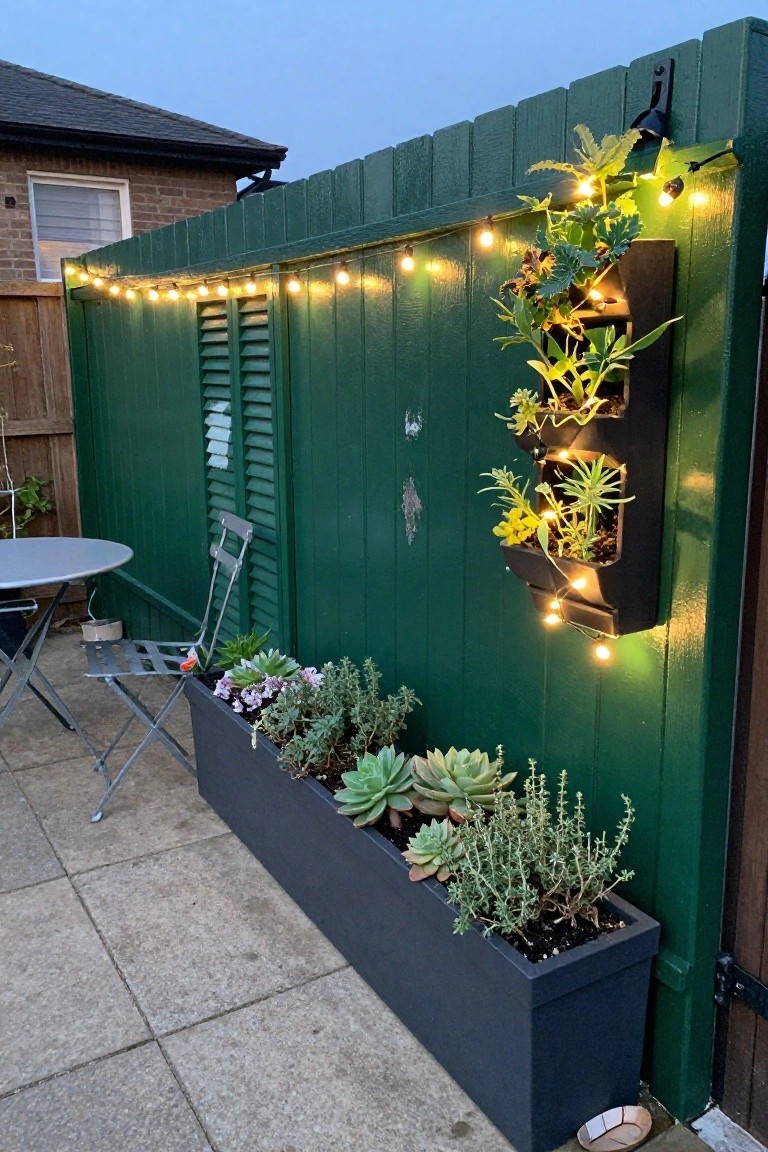 Green fence strung with lights above black planter of succulents and vertical garden