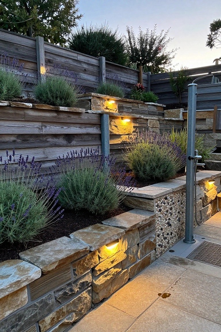Tiered stone walls with glowing lights, lavender plants, wooden fence, and outdoor shower.
