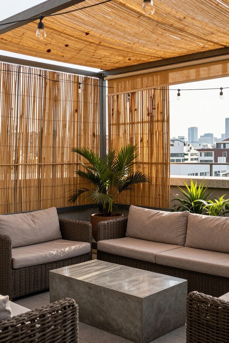 Rooftop terrace with wicker sofas, concrete table, palms, and bamboo screens overlooking city.