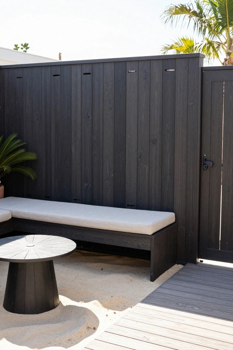 Dark vertical wood fence enclosing a patio with a long cushioned bench, round table, and partial decking next to sand.